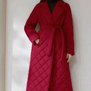 Woman Padded Long Winter Coat Pockets Red Size M Parka Quilted Jacket Open Front